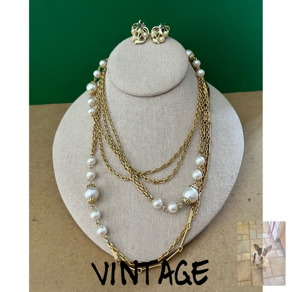 Jewelry - Gold Tone Faux Pearl Necklace and Vintage Faux Clip Earrings